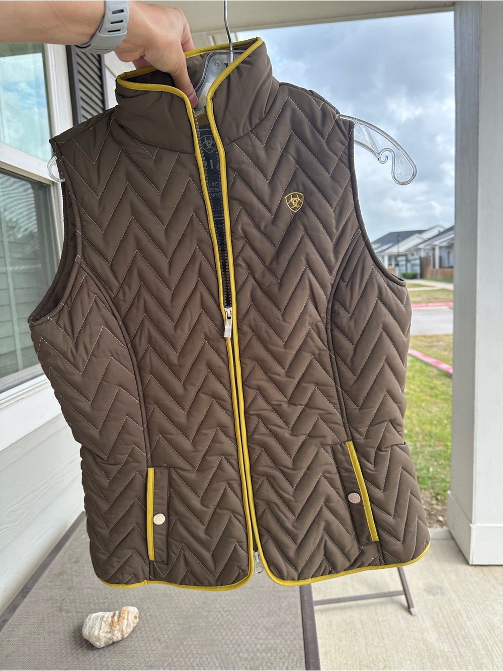 Ariat Brown Quilted Vest with Yellow Trim